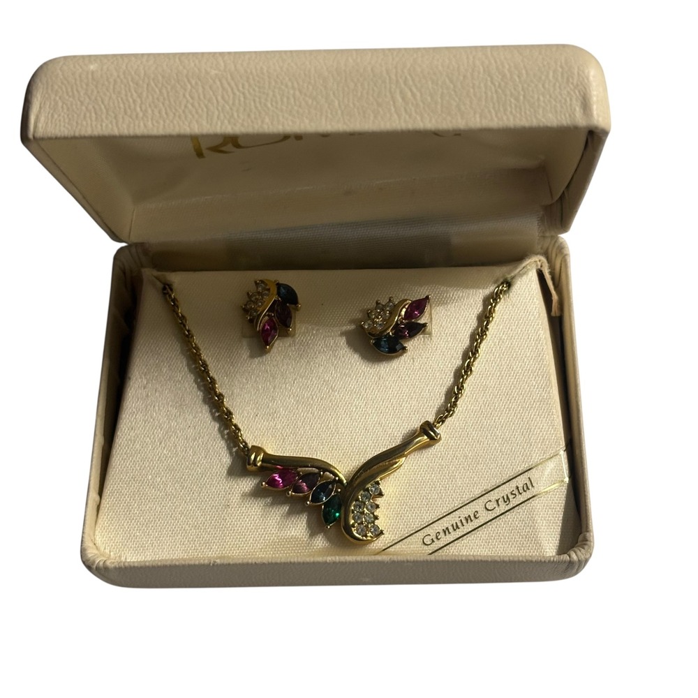 Roman Vintage Gold Tone Multi Color Crystal Necklace and Earring Jewelry Set